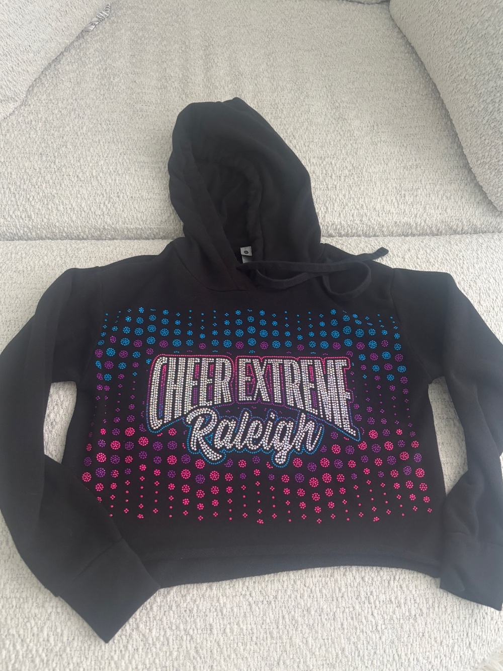 Cheer extreme Level Apparel Black Cropped Hoodie with Pink and Blue Rhinestones